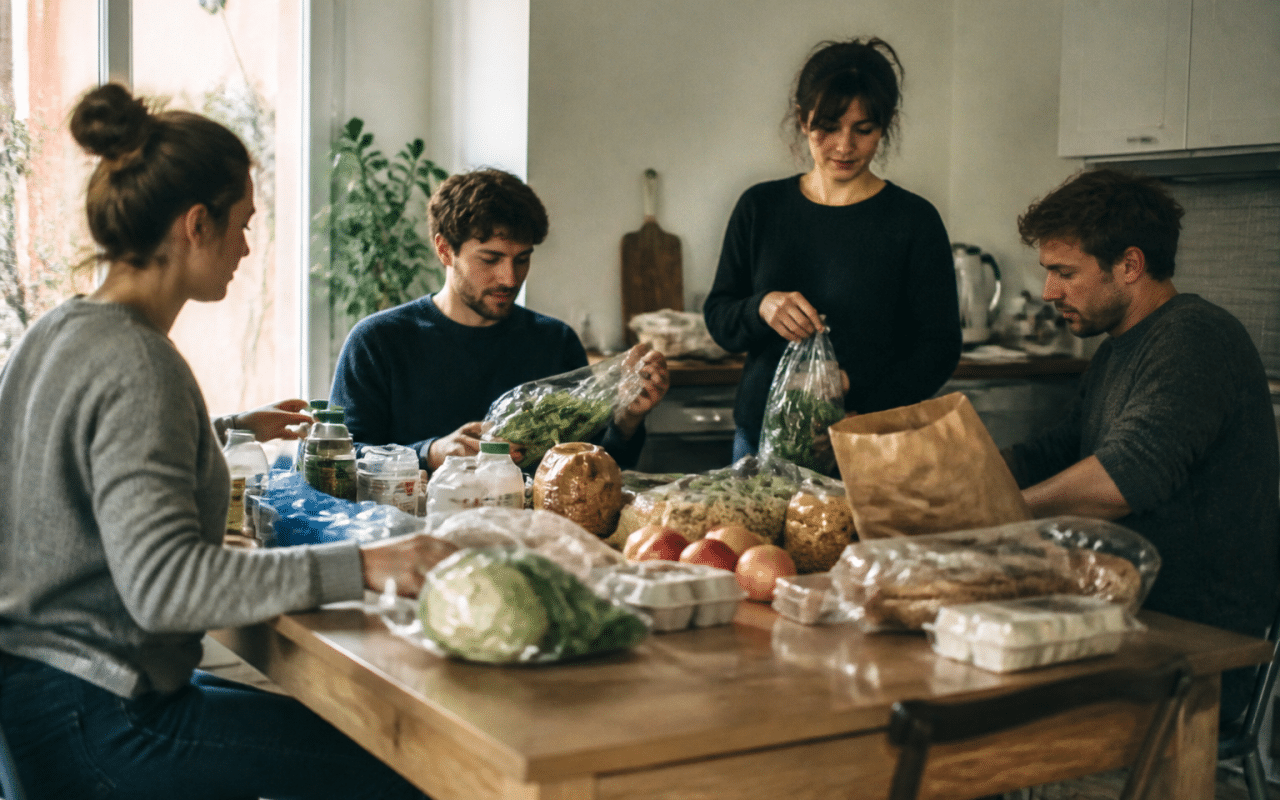 Quatre personnes autour table avec courses alimentaires mensuelles