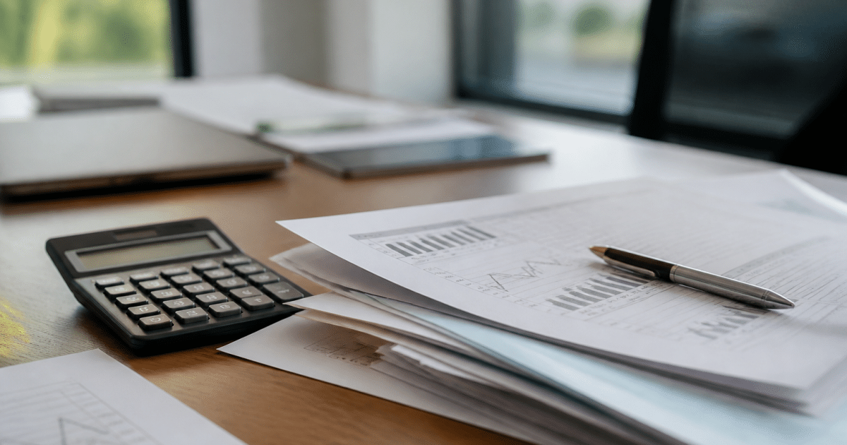 Calculatrice et documents commerciaux sur bureau
