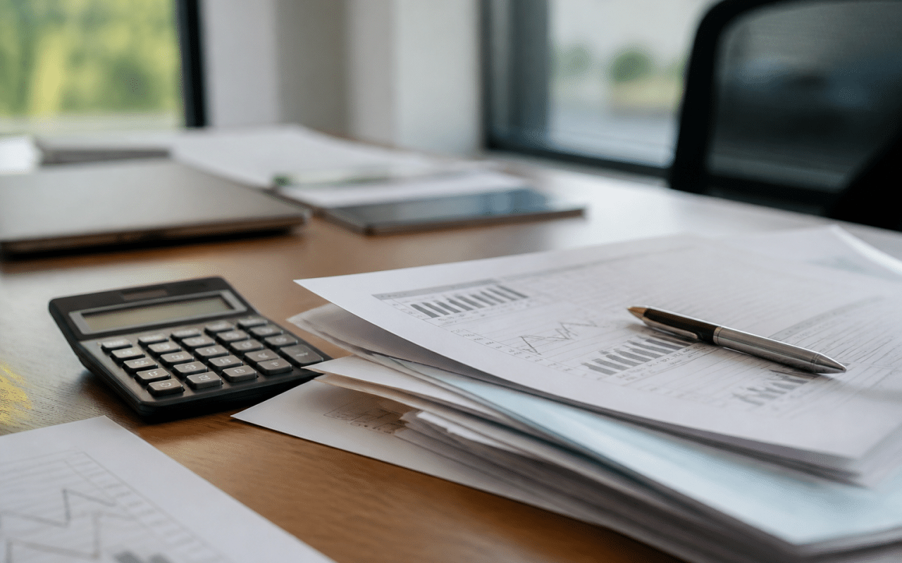 Calculatrice et documents commerciaux sur bureau