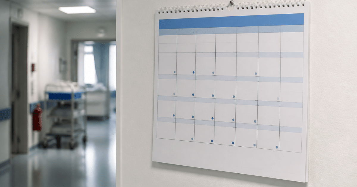 Calendrier mural affichant les dates de paye hospitalière 2025.