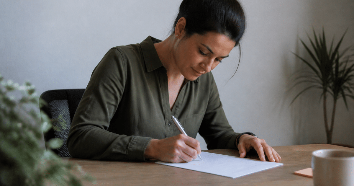 Personne assise a un bureau signant contrat emploi permanent