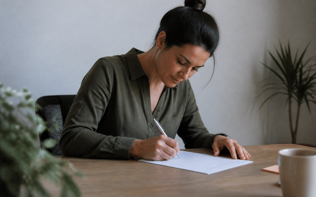 Personne assise a un bureau signant contrat emploi permanent
