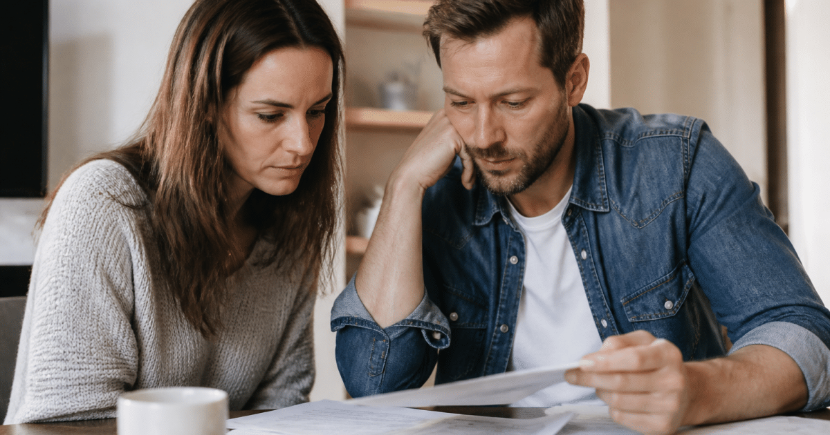 Couple examinant documents financiers a table ensemble