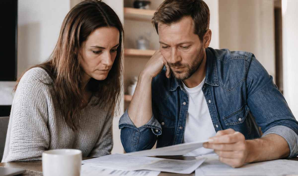 Couple examinant documents financiers a table ensemble