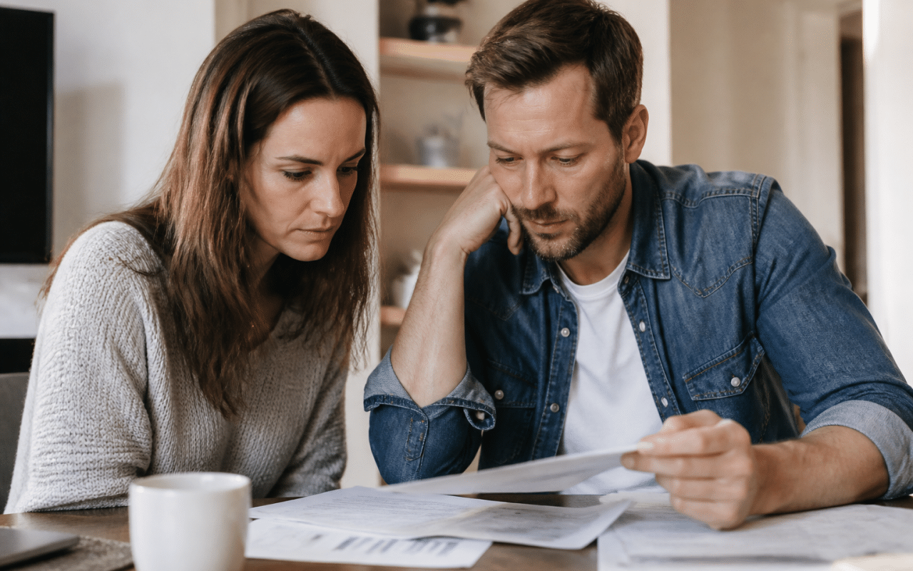 Couple examinant documents financiers a table ensemble