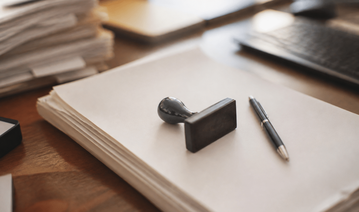Document administratif avec tampon approuve sur bureau avec stylo