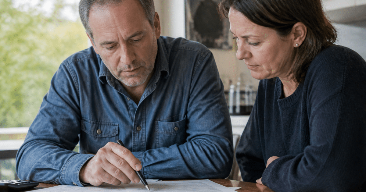 Deux personnes consultant des documents financiers à une table.
