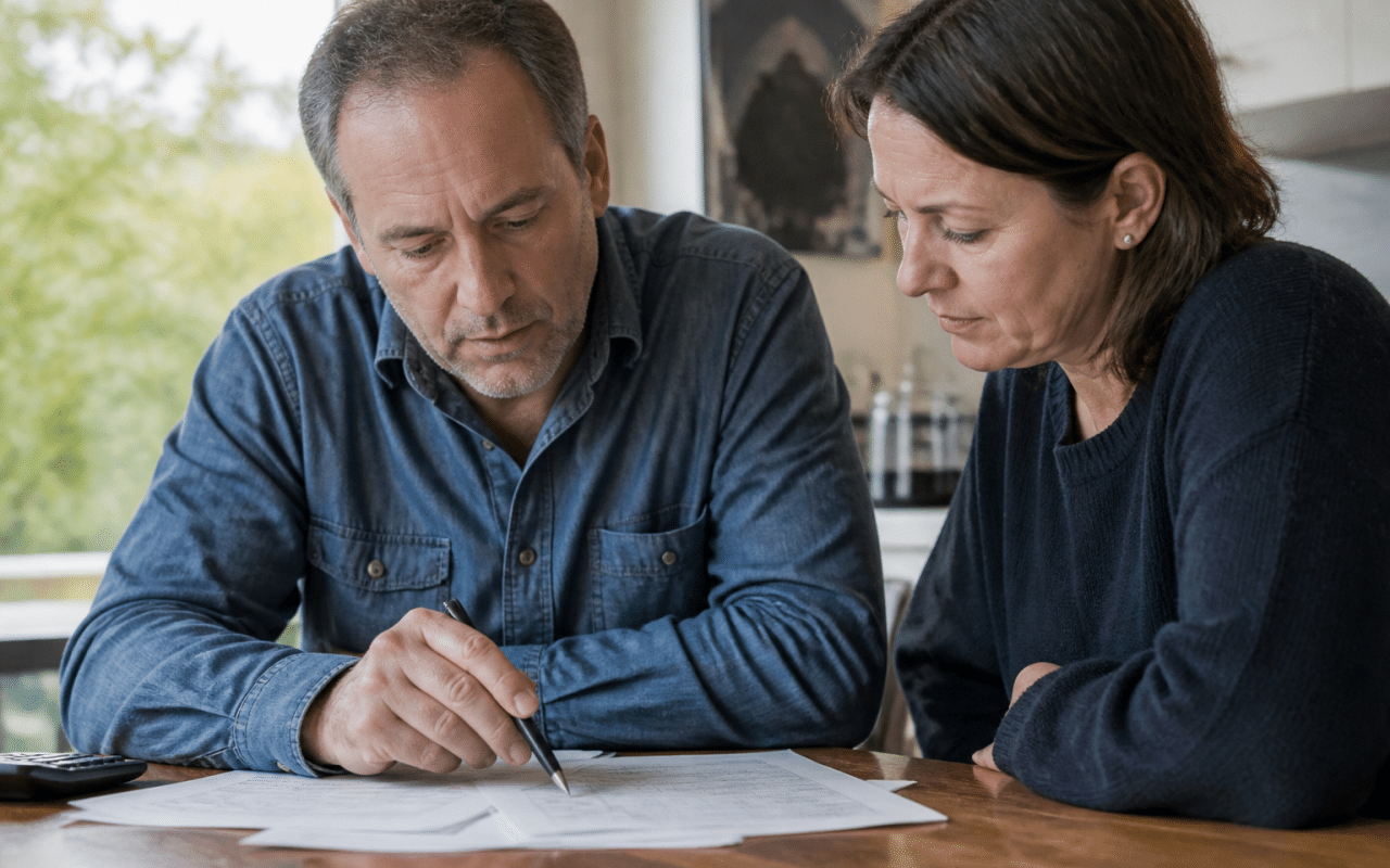 Deux personnes consultant des documents financiers à une table.