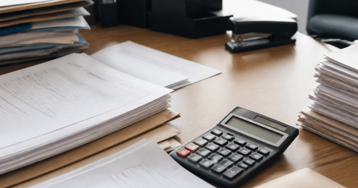 Documents officiels et calculatrices disposés sur bureau professionnel.