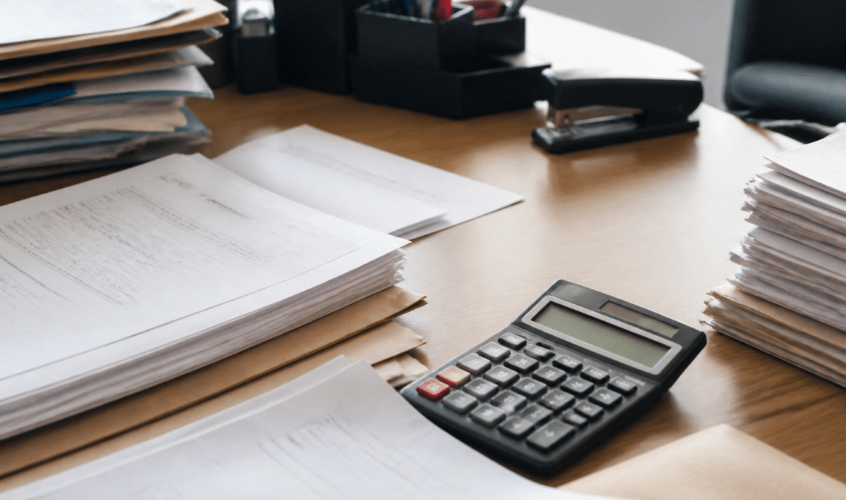 Documents officiels et calculatrices disposés sur bureau professionnel.