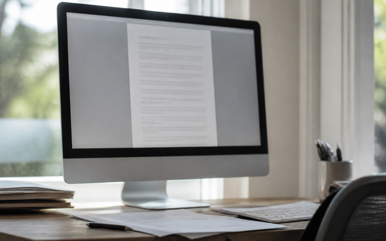 Écran d'ordinateur affichant document juridique avec chiffres
