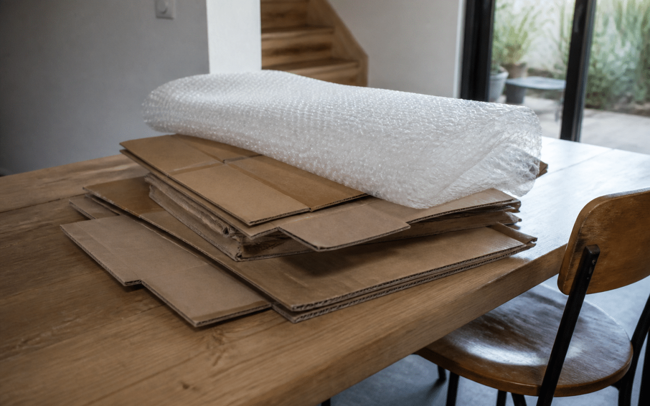 Cartons et papier bulle empiles sur table de travail domestique