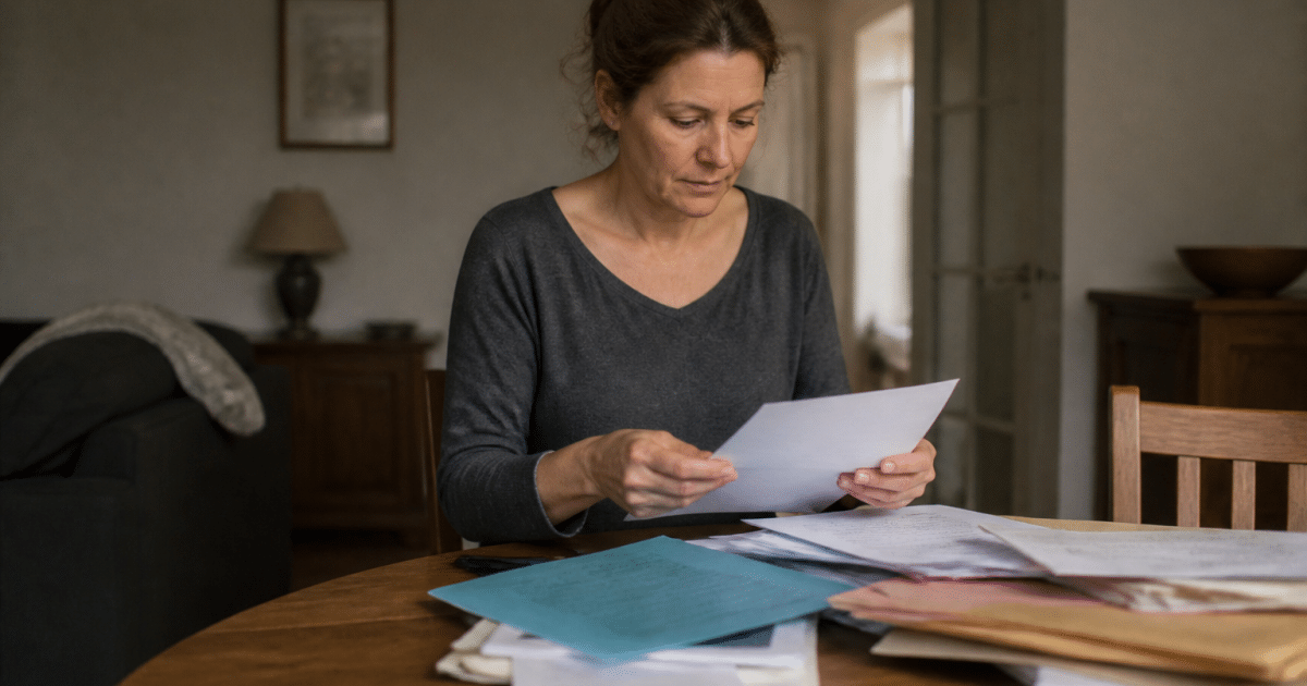 Mains assembling documents stacked on wooden table at home