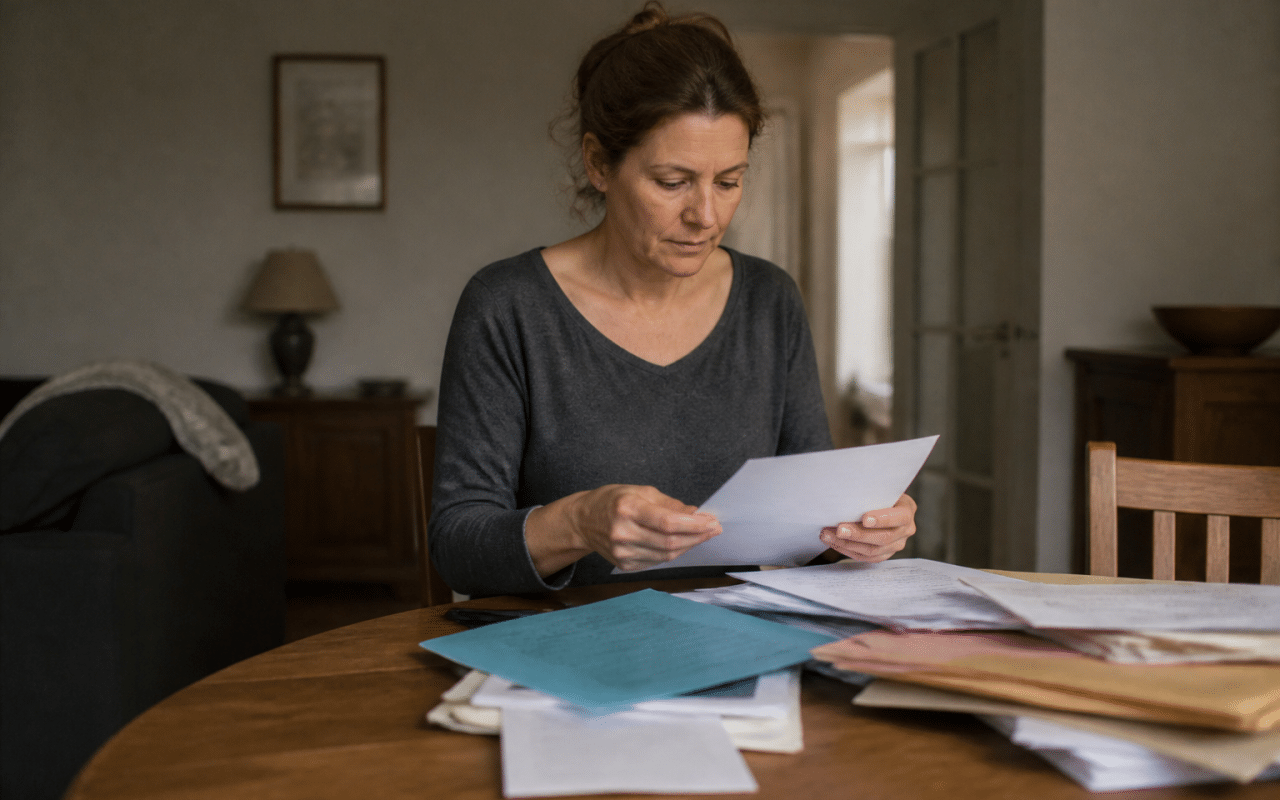 Mains assembling documents stacked on wooden table at home