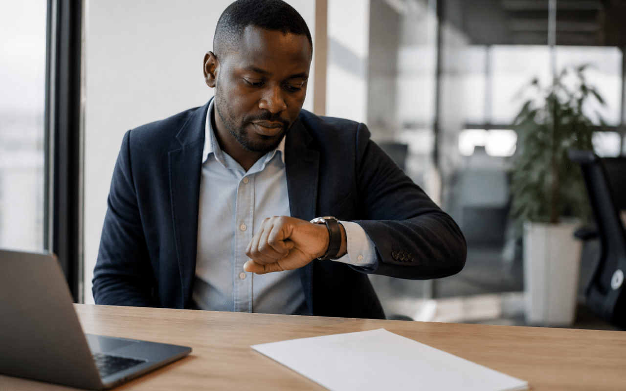 Employe assis au bureau regardant montre, contrat sur table