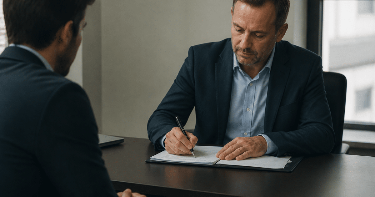 Employeur signant contrat de travail avec candidat assis