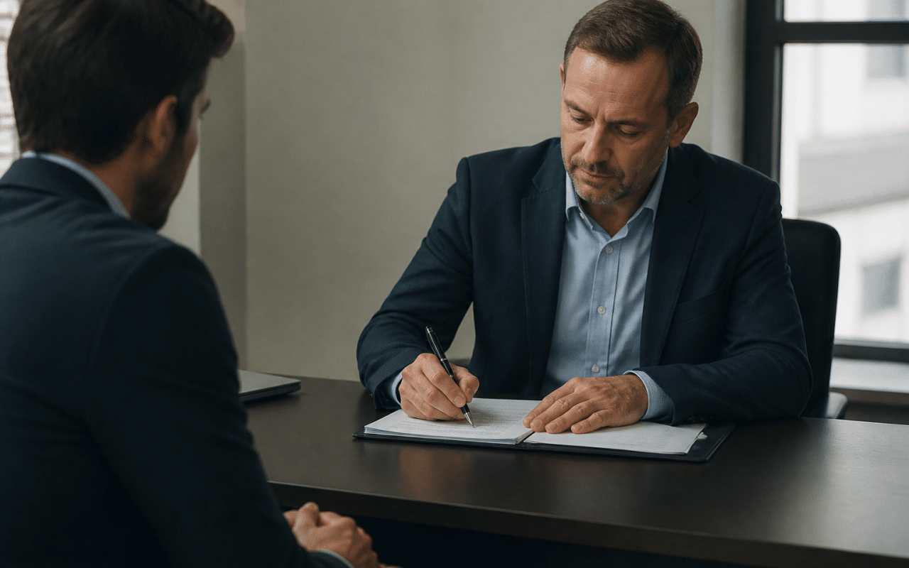 Employeur signant contrat de travail avec candidat assis