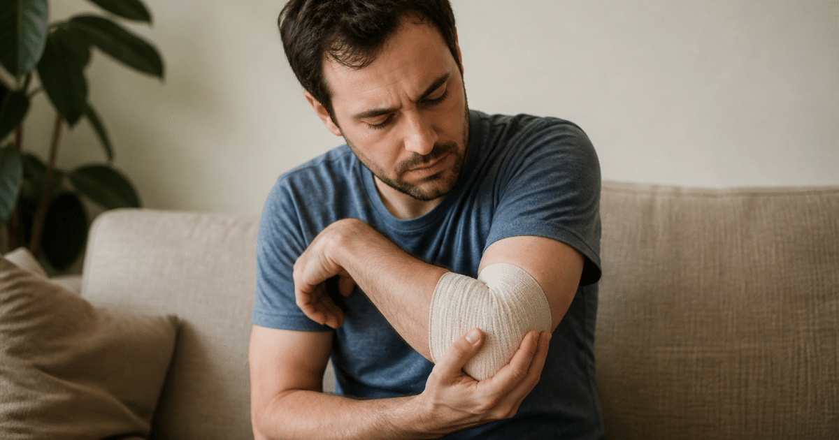 Personne assise tenant son coude douloureux avec bandage de soutien