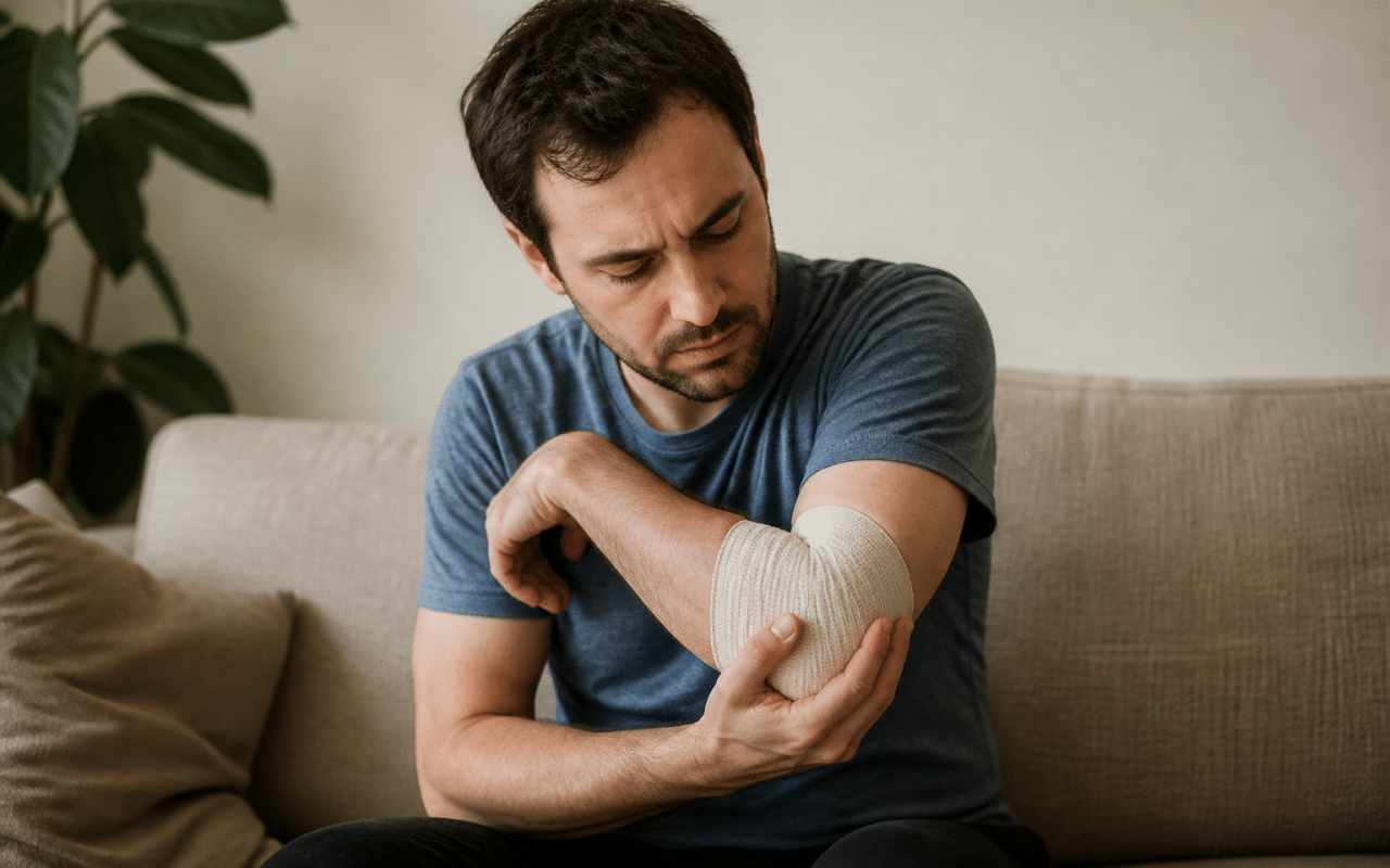 Personne assise tenant son coude douloureux avec bandage de soutien