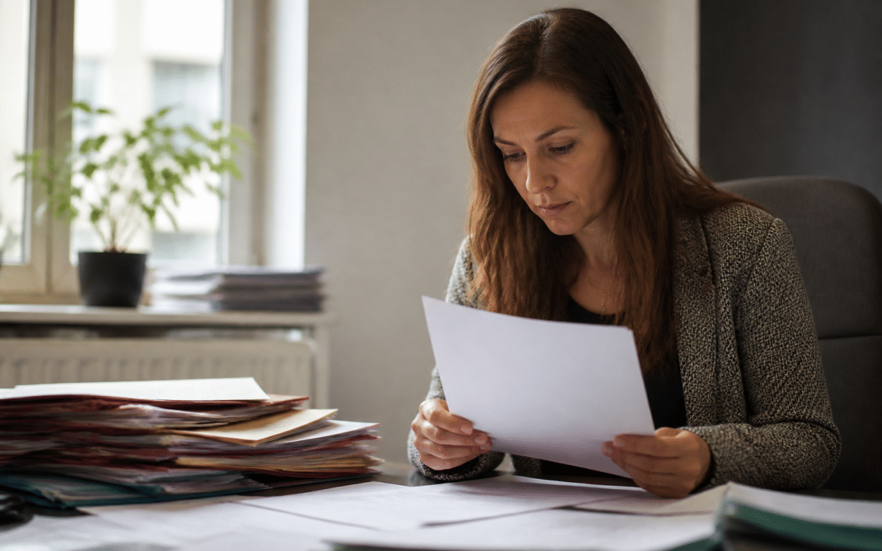 Femme consultant documents administratifs à son bureau.