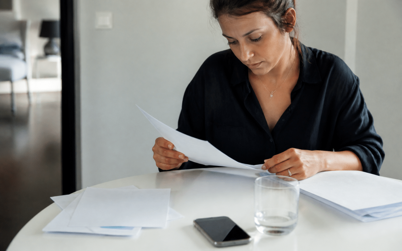 Femme consultant documents financiers sur table blanche