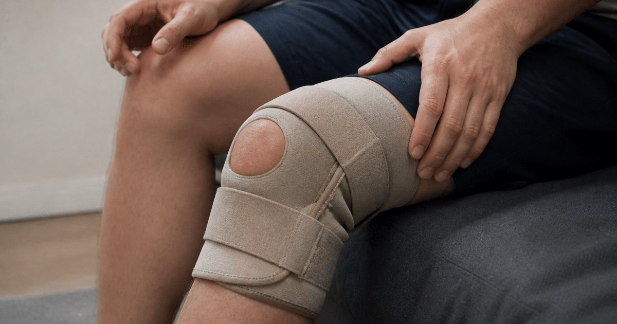 Genou blesse avec bandage de soutien immobilisant articulation