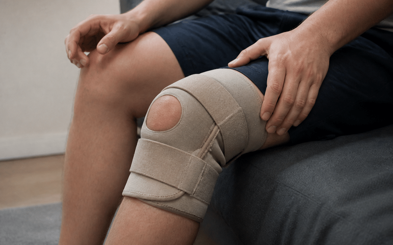 Genou blesse avec bandage de soutien immobilisant articulation