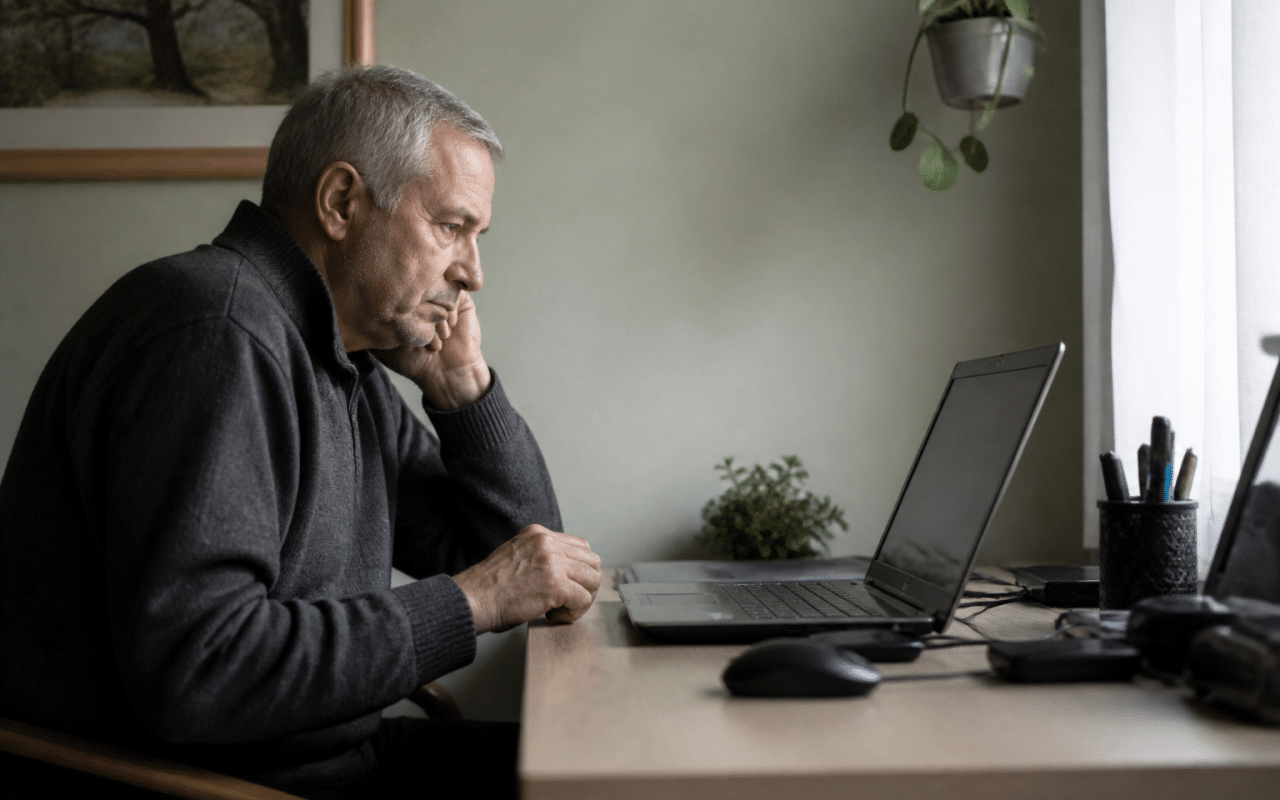 Homme age assis devant ordinateur consultant offres emploi.