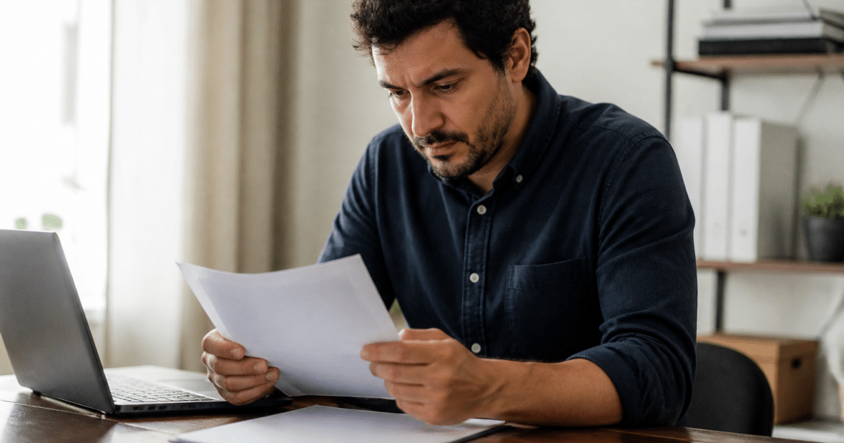 Homme assis a bureau consultant document salarial papier