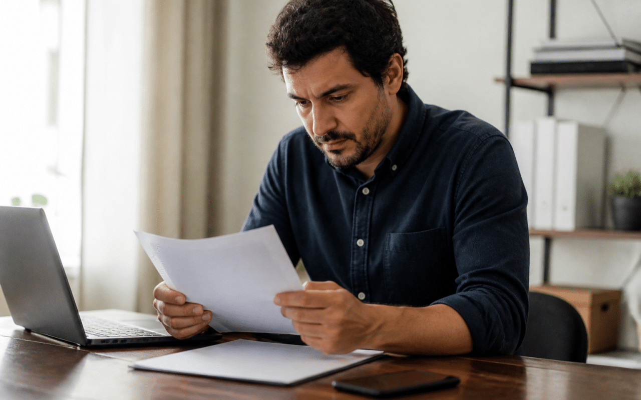 Homme assis a bureau consultant document salarial papier