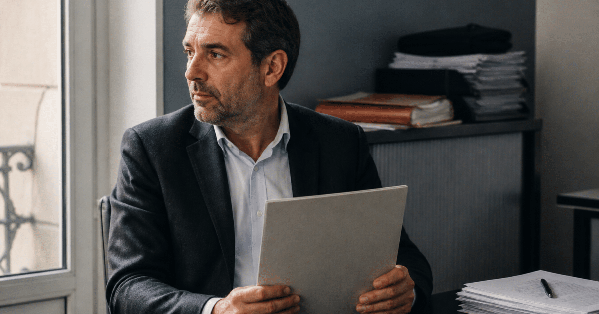Homme assis au bureau tenant documents financiers fermés