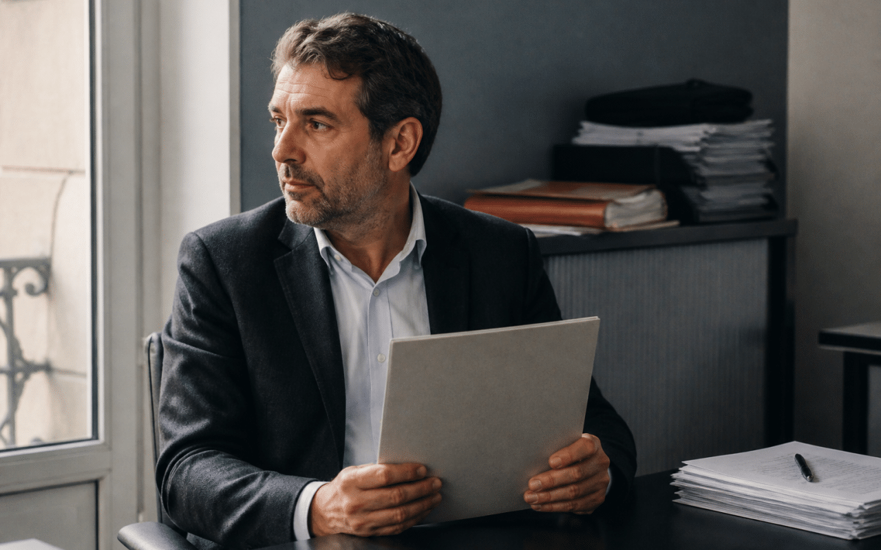 Homme assis au bureau tenant documents financiers fermés