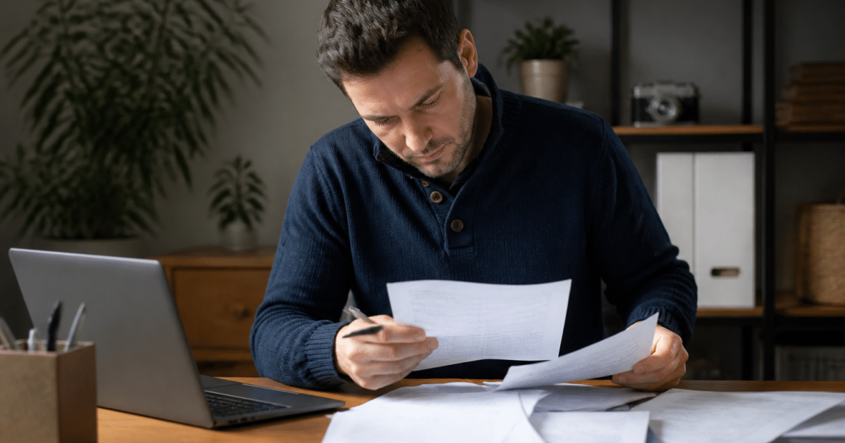 Homme consulte documents administratifs a son bureau domicile