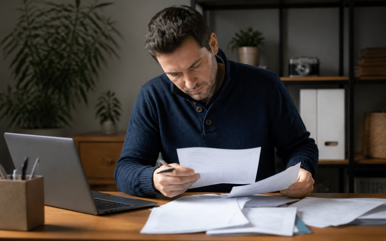 Homme consulte documents administratifs a son bureau domicile