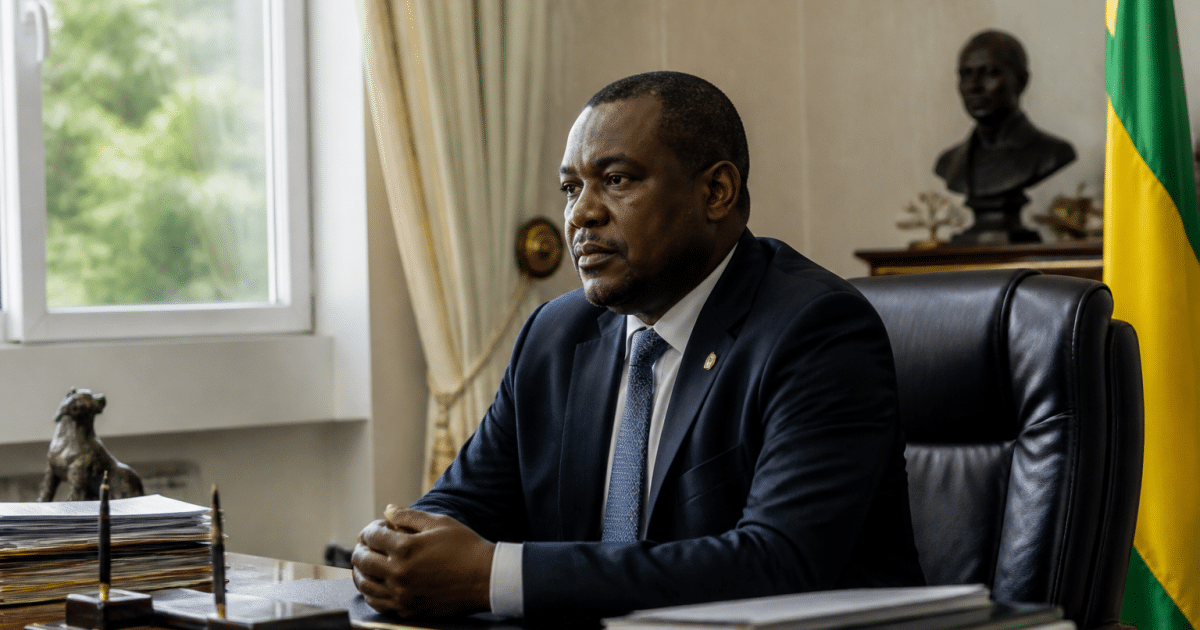 Homme en costume assis à bureau présidentiel