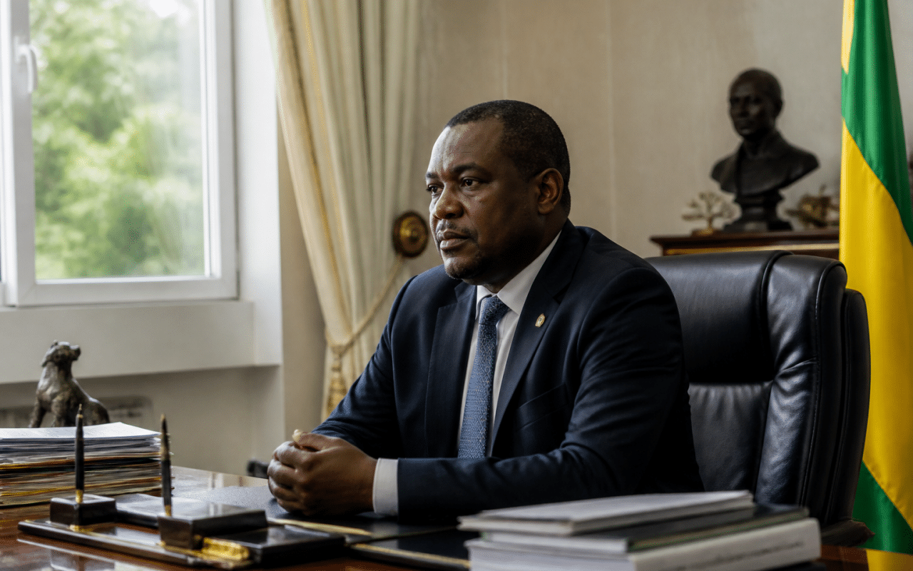 Homme en costume assis à bureau présidentiel