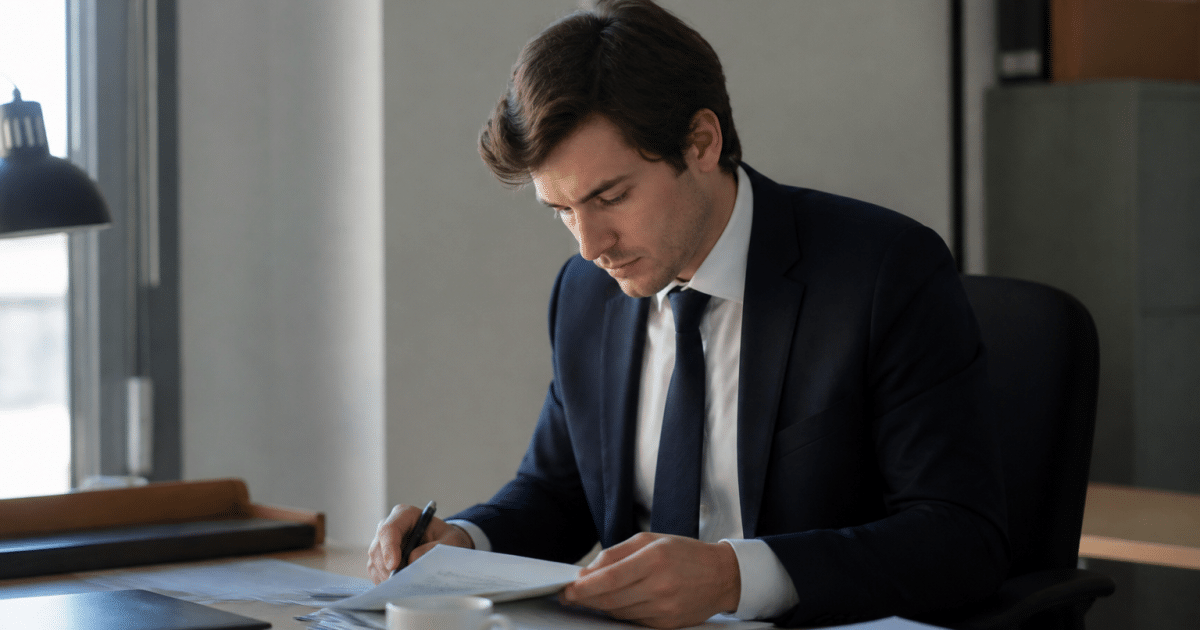 Homme en costume assis a son bureau professionnel