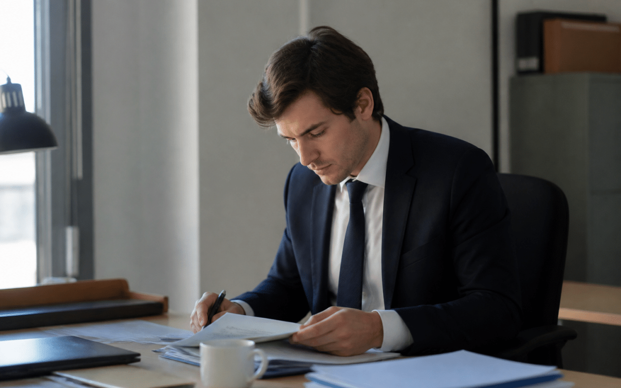 Homme en costume assis a son bureau professionnel