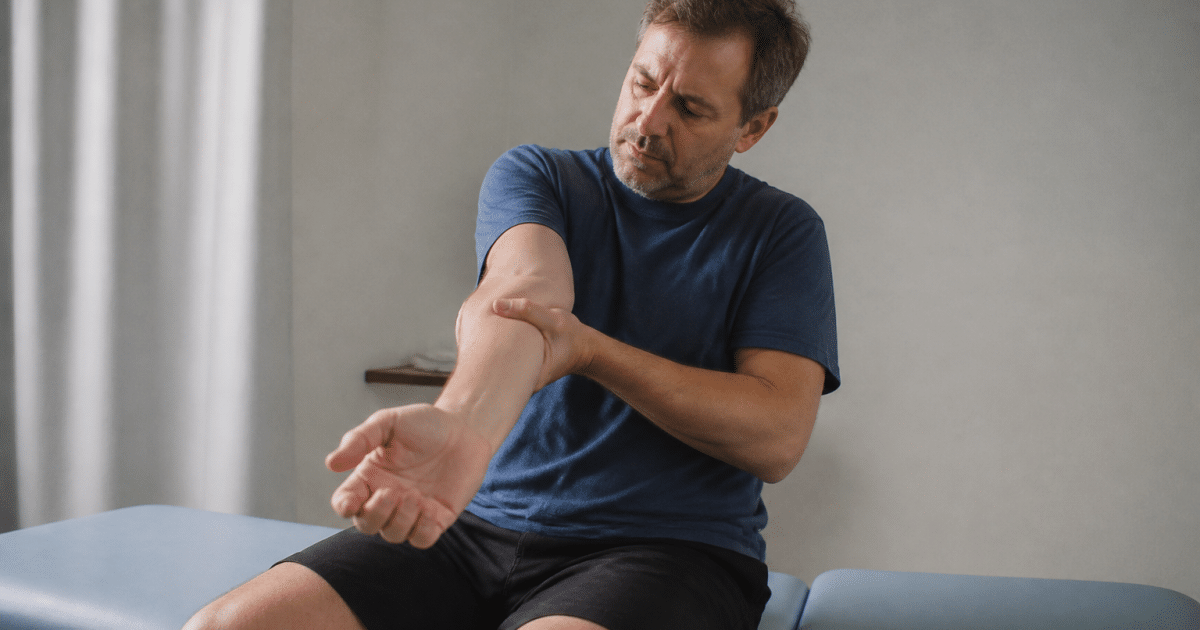 Homme en physiotherapie manipulant son bras apres injection