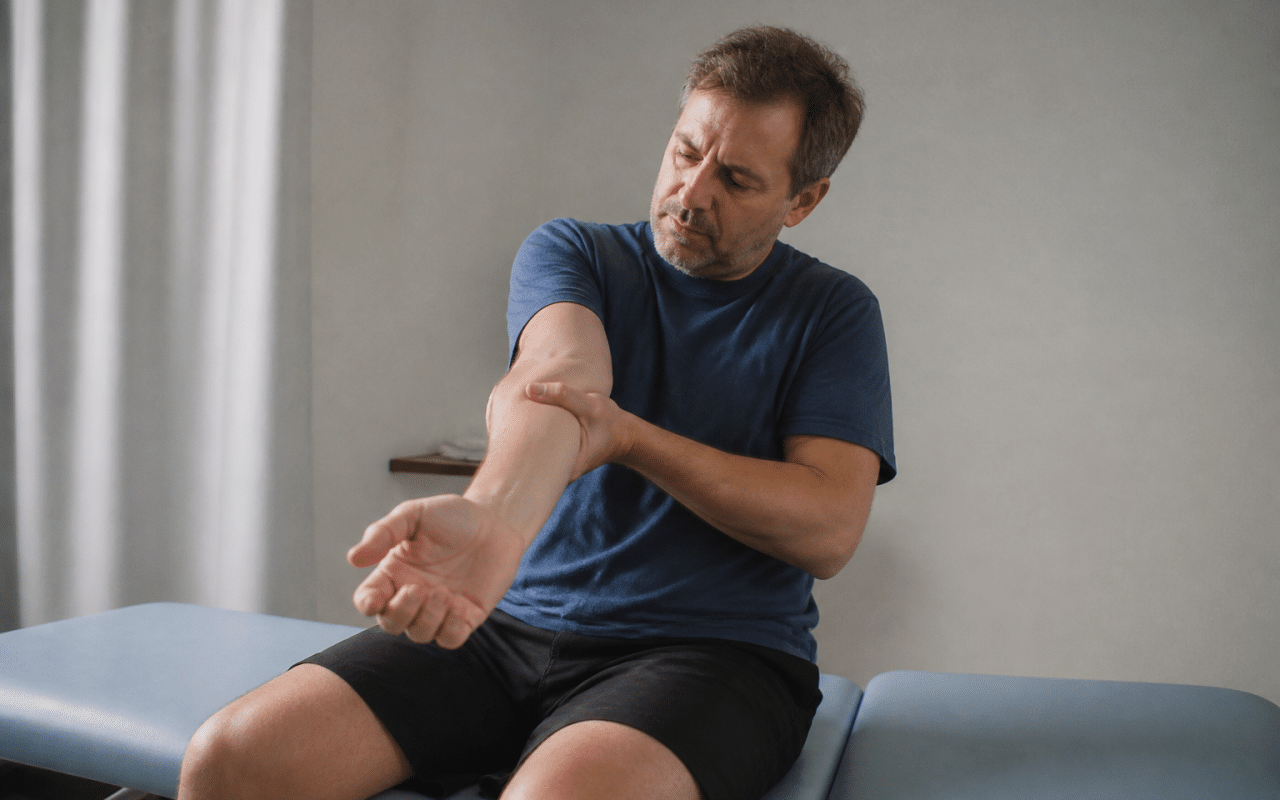 Homme en physiotherapie manipulant son bras apres injection