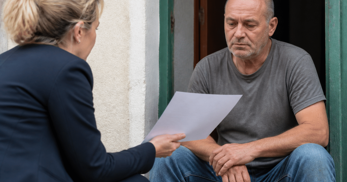 Huissier presentant document officiel a client assis
