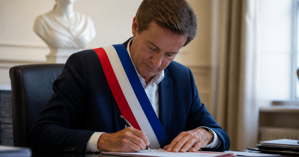 Maire assis a un bureau signant un document administratif.