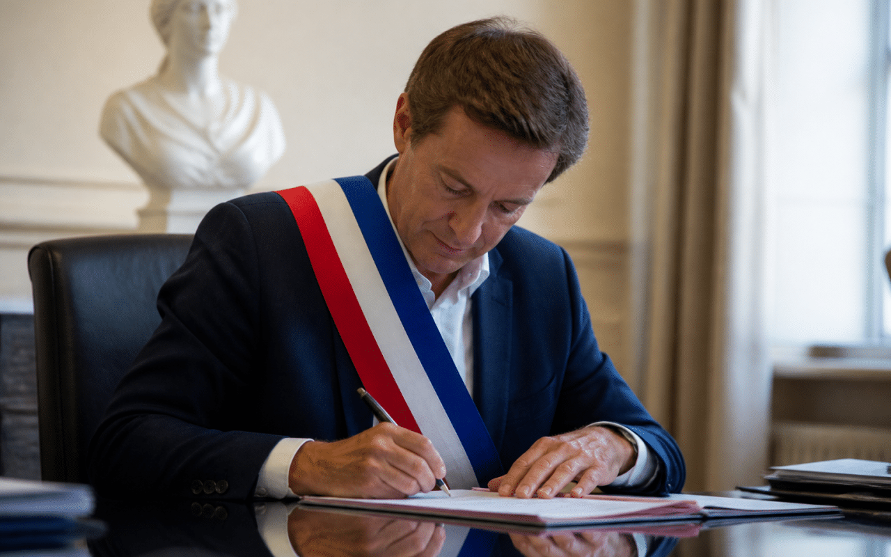 Maire assis a un bureau signant un document administratif.