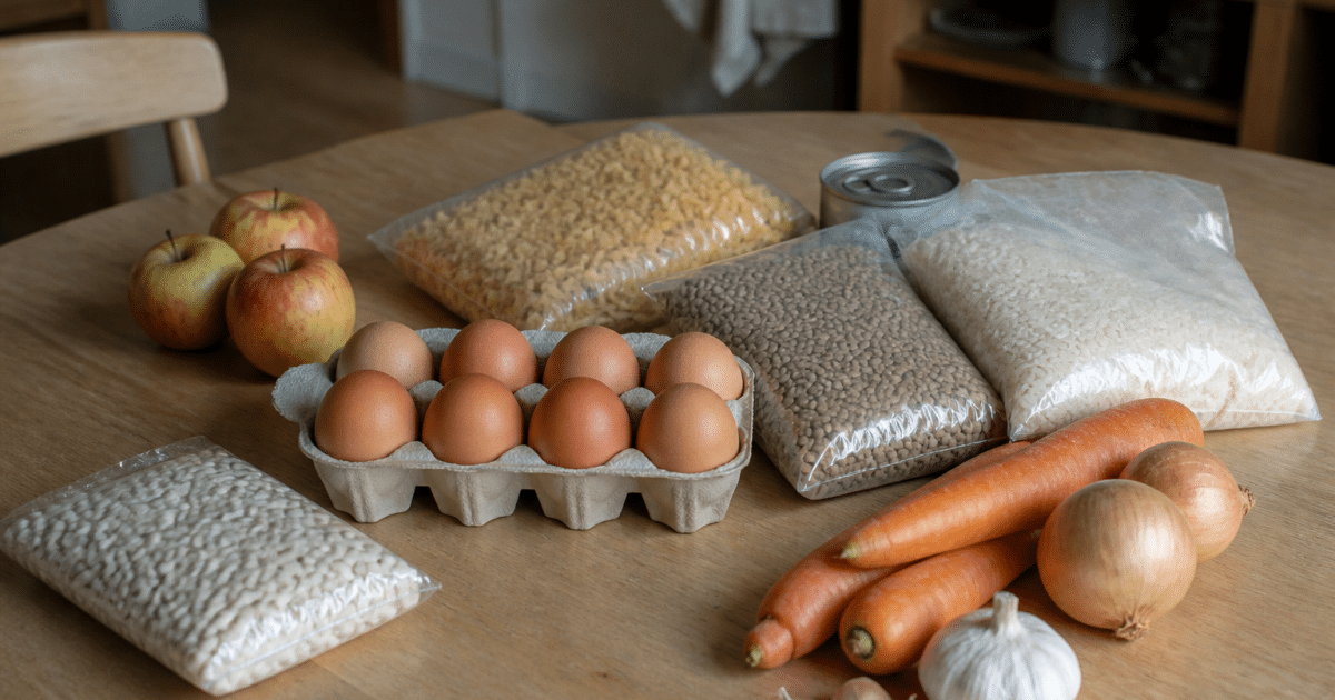 Liste de courses etalee sur table avec ingredients economiques
