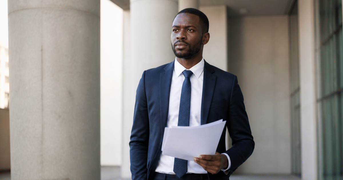 Homme en costume tenant documents financiers debout confiant