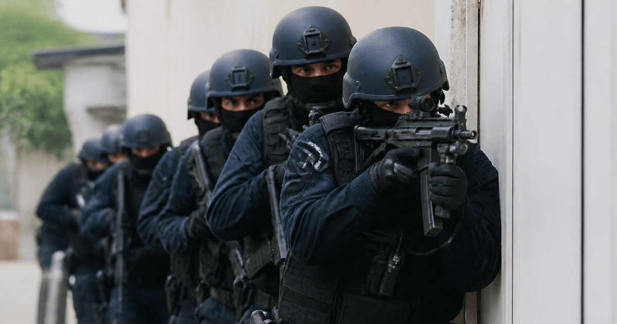Officiers en uniforme bleu formant une ligne tactique.