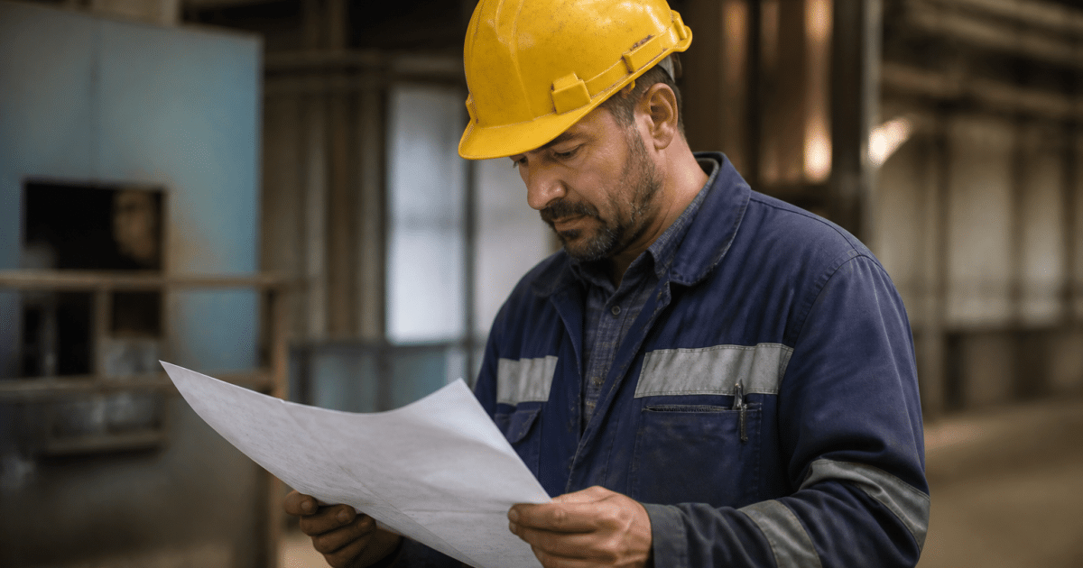 Ouvrier portant casque jaune consultant document securite
