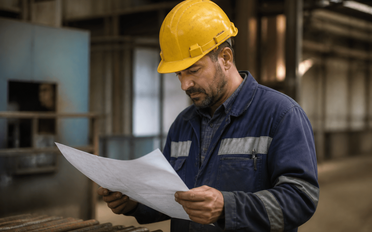 Ouvrier portant casque jaune consultant document securite