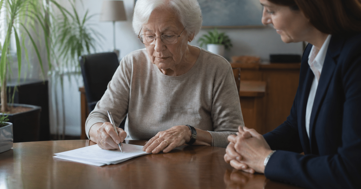Personne agée signant documents bancaires avec notaire present
