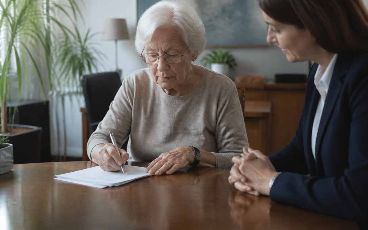 Personne agée signant documents bancaires avec notaire present